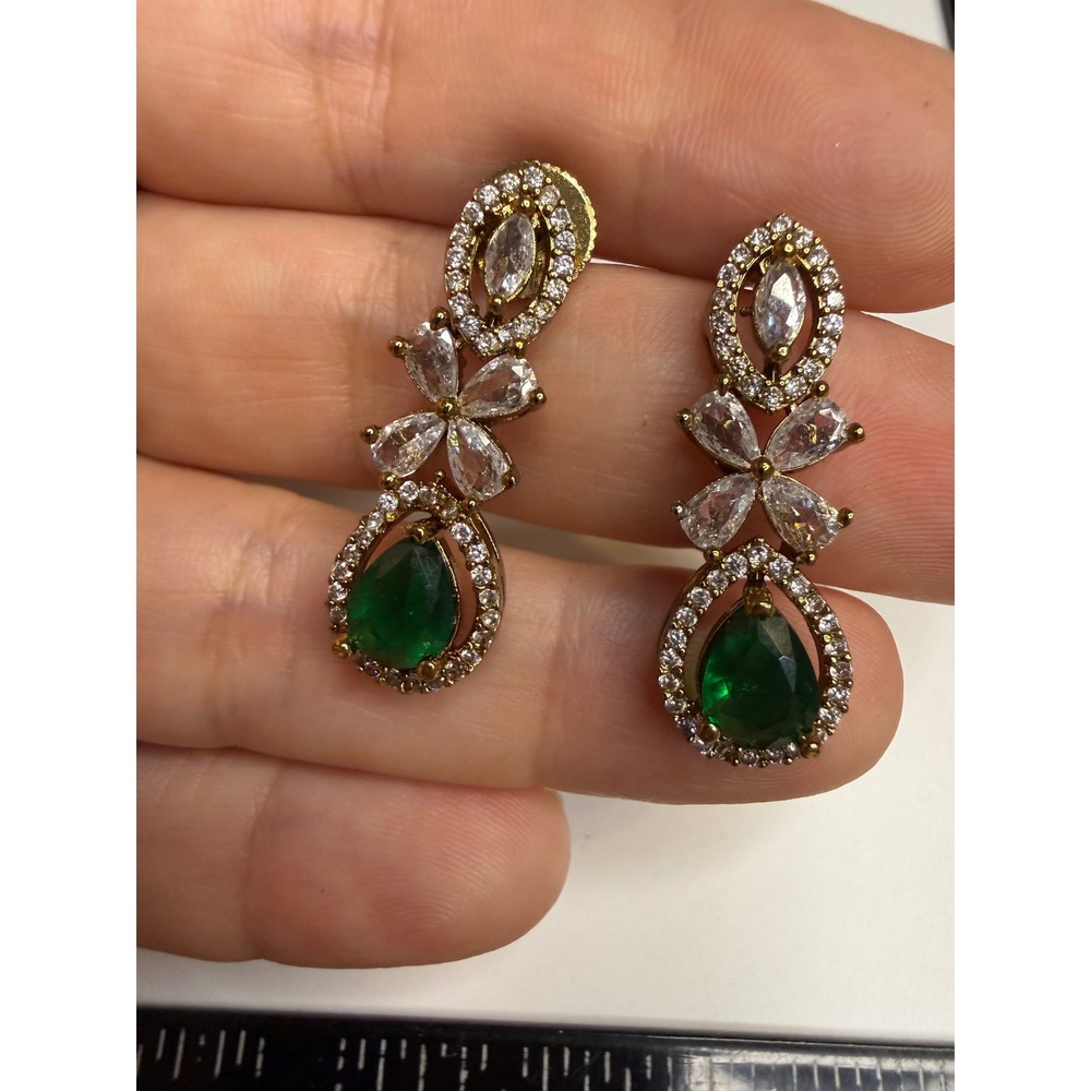 Green Pear Cut Drop Earrings Gold Tone Pave Floral Statement Dangle Post Back